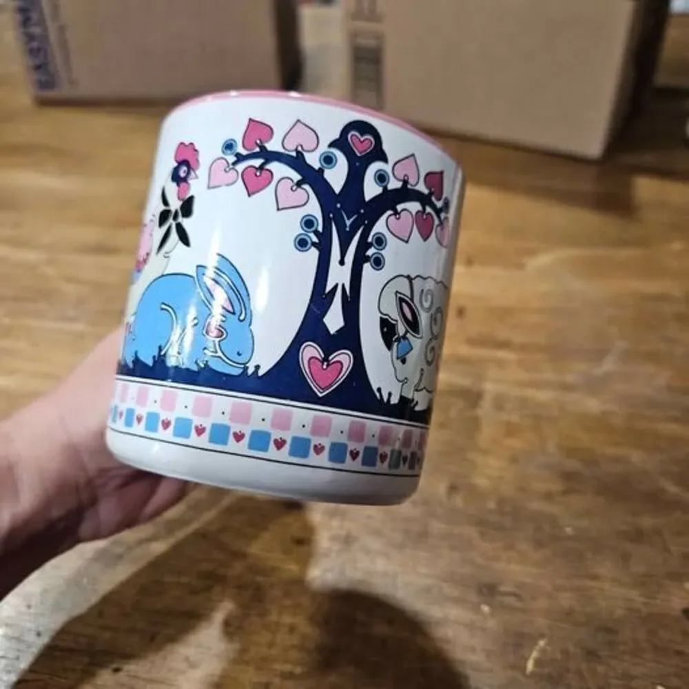 Vintage Folk Art Ceramic Mug with Rooster, Rabbit, Cat, and Sheep